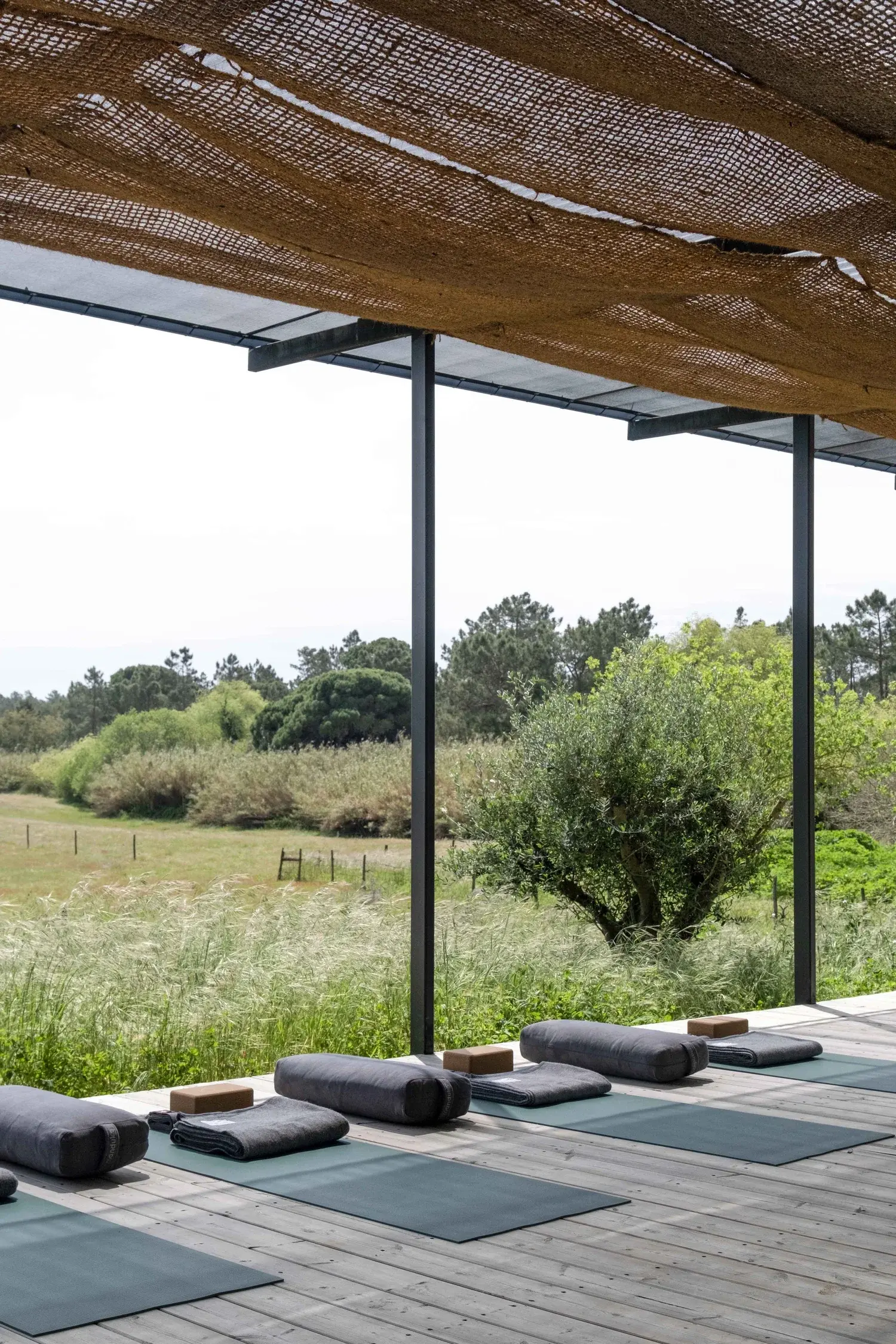 Yoga mats, bolsters, and props set up on the deck overlooking the fields