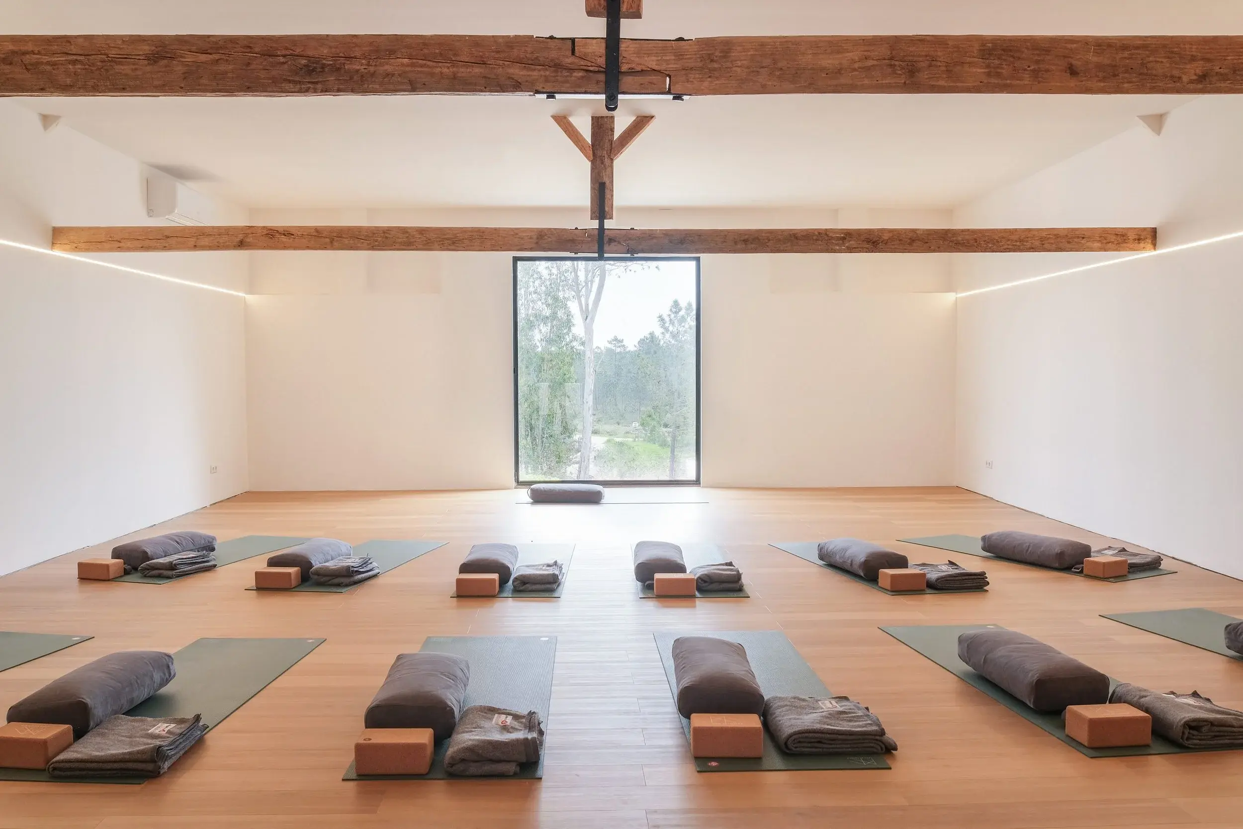 Movement studio with mats laid out under the wood-beam ceiling, overlooking the grounds